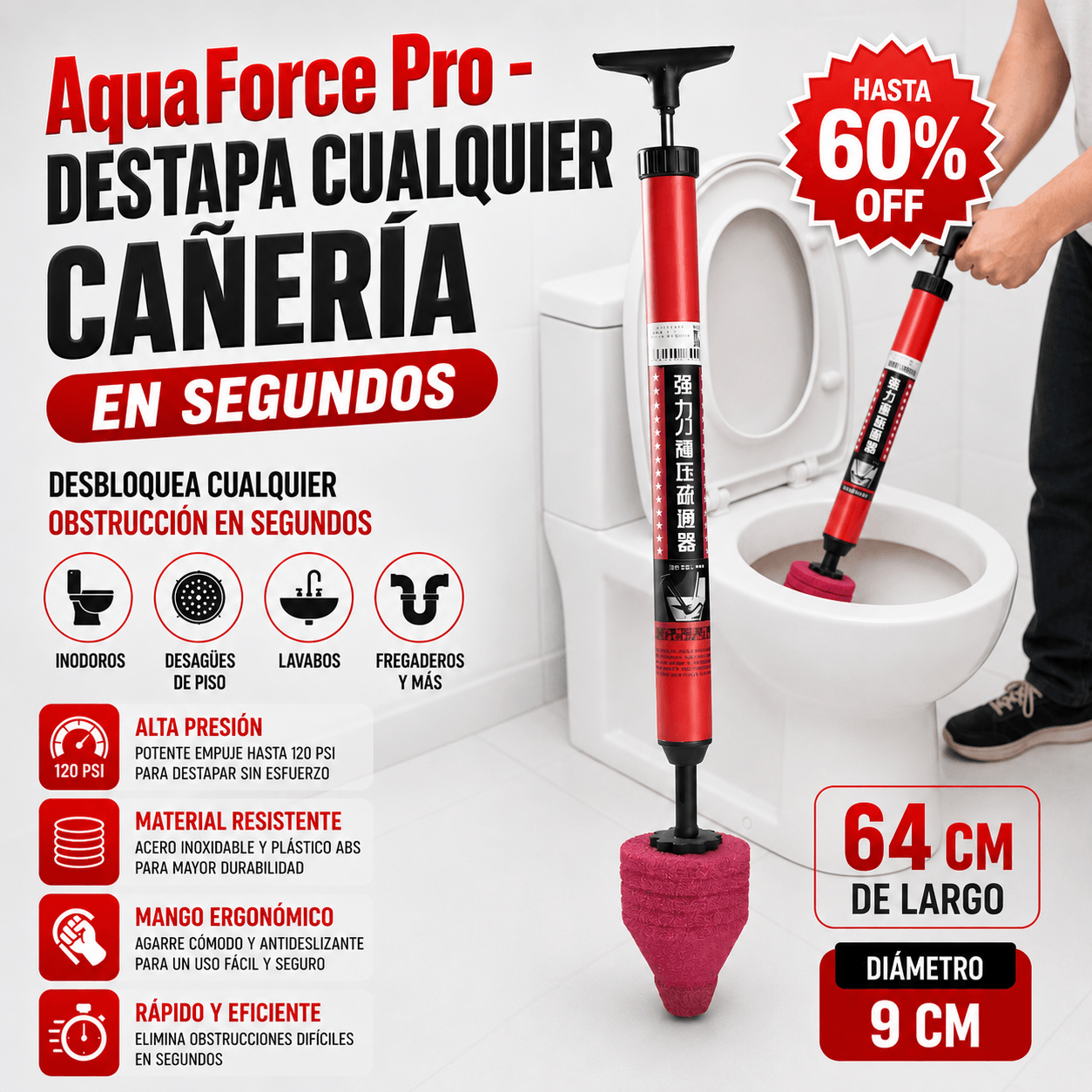 AquaForce Pro - Destapa cualquier cañería en segundos